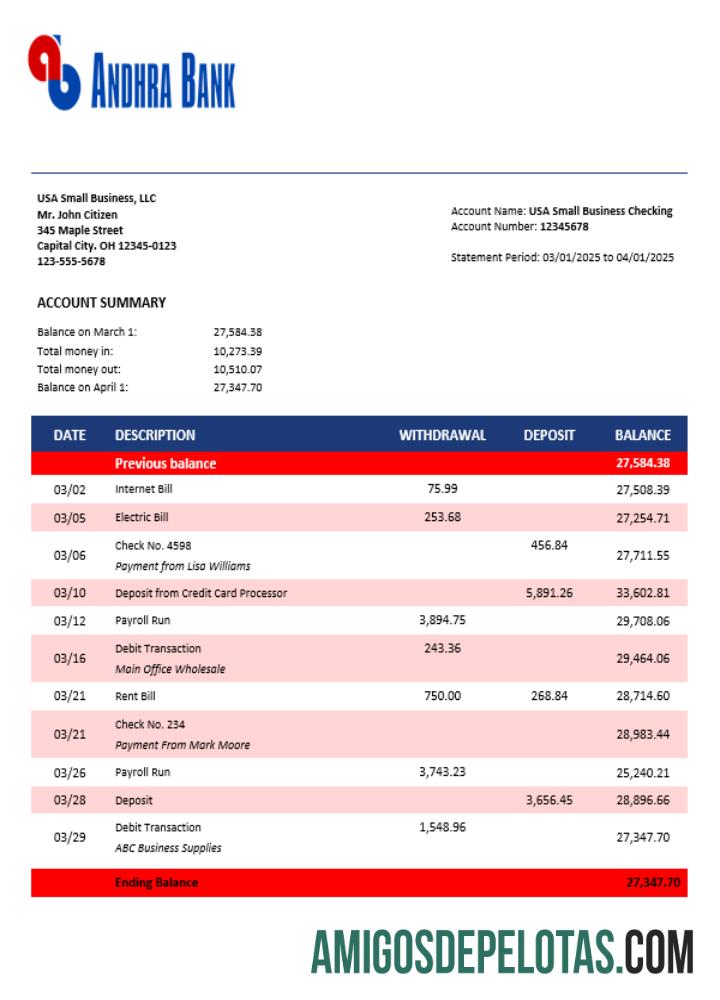 Extrato bancário de Andhra Business em formato Word e PDF, exemplo real